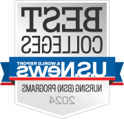 Logo of U.S. News & World Report featuring the text 'BEST COLLEGES', 'USN&WR', and 'Nursing (BSN) Programs 2024' on a badge with a gray and white color scheme and blue and red ribbons.